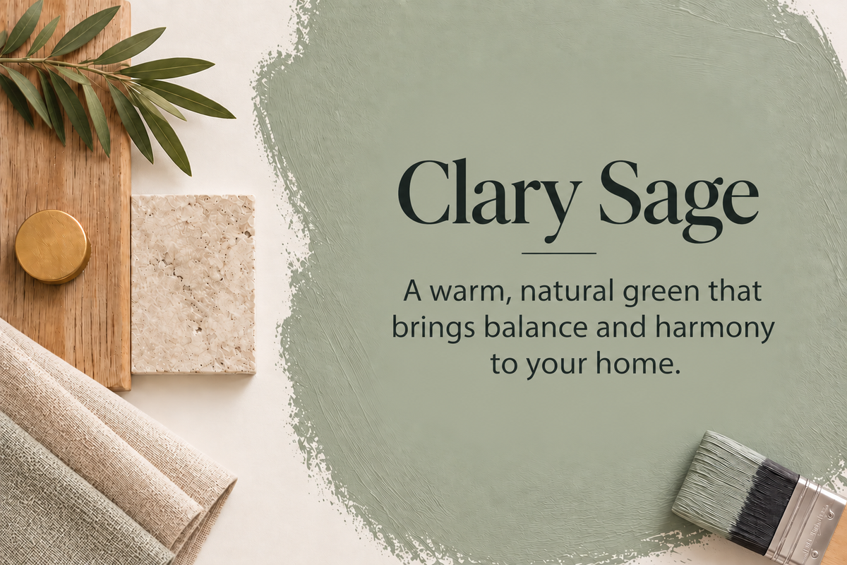 Sherwin-Williams Clary Sage green paint color with natural wood, stone, and neutral fabric materials