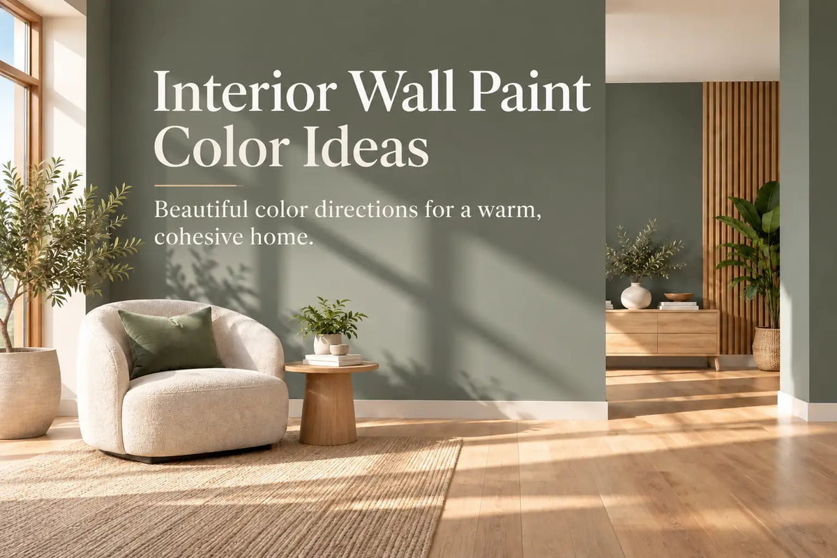 Interior wall paint color ideas with sage green walls, light natural oak flooring, and warm neutral furnishings