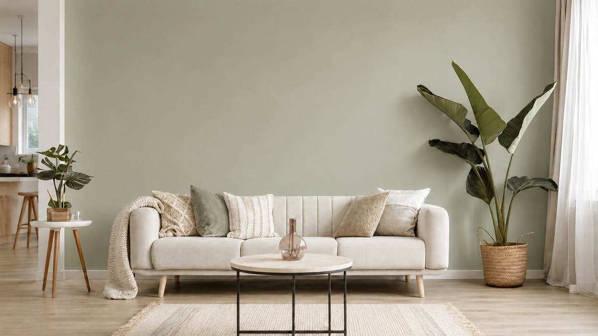 A styled living room scene featuring a light beige sofa with neutral-toned throw pillows, a round wooden coffee table, a large potted banana plant, and a sage green accent wall.