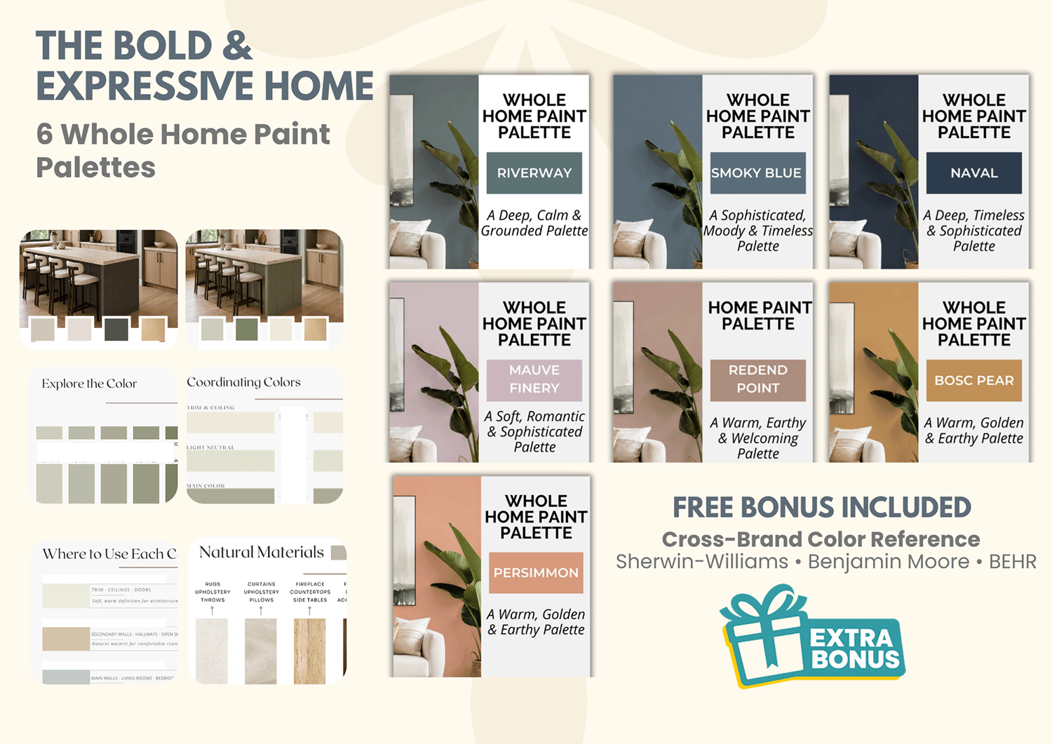 bold whole-home paint color palette and interior design guide with coordinating colors and natural finishes, featuring American paint color inspiration from Sherwin-Williams, Benjamin Moore and BEHR.