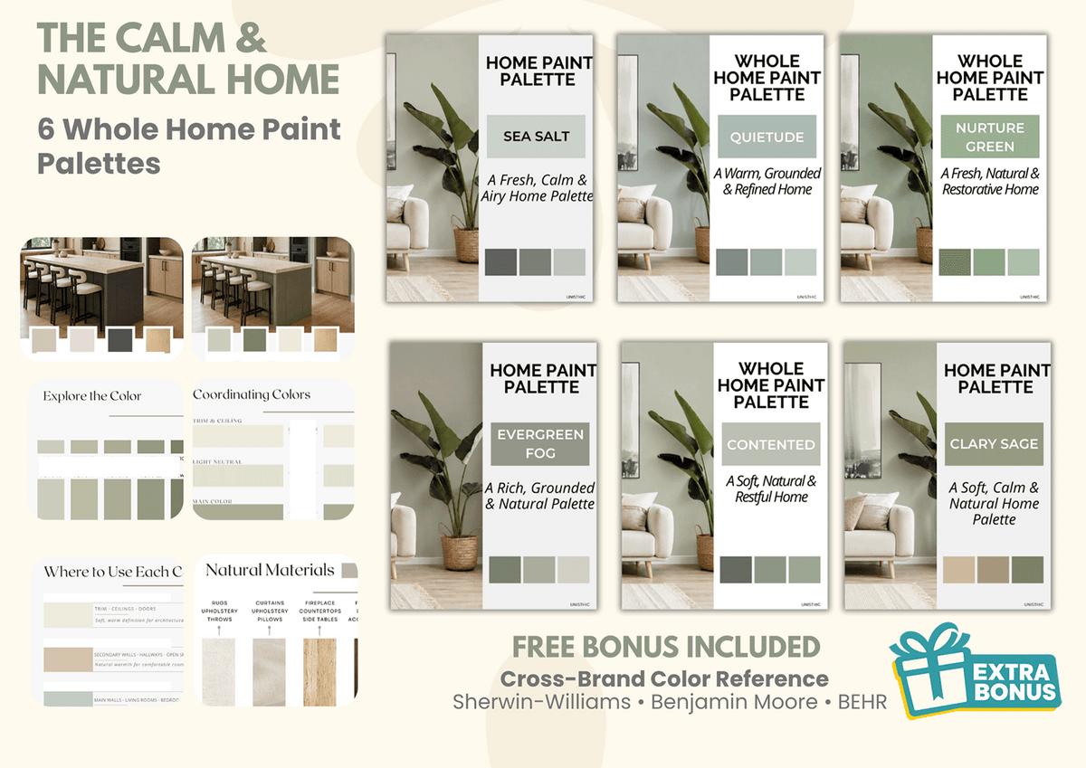 Calm whole-home paint color palette and interior design guide with coordinating colors and natural finishes, featuring American paint color inspiration from Sherwin-Williams, Benjamin Moore and BEHR.