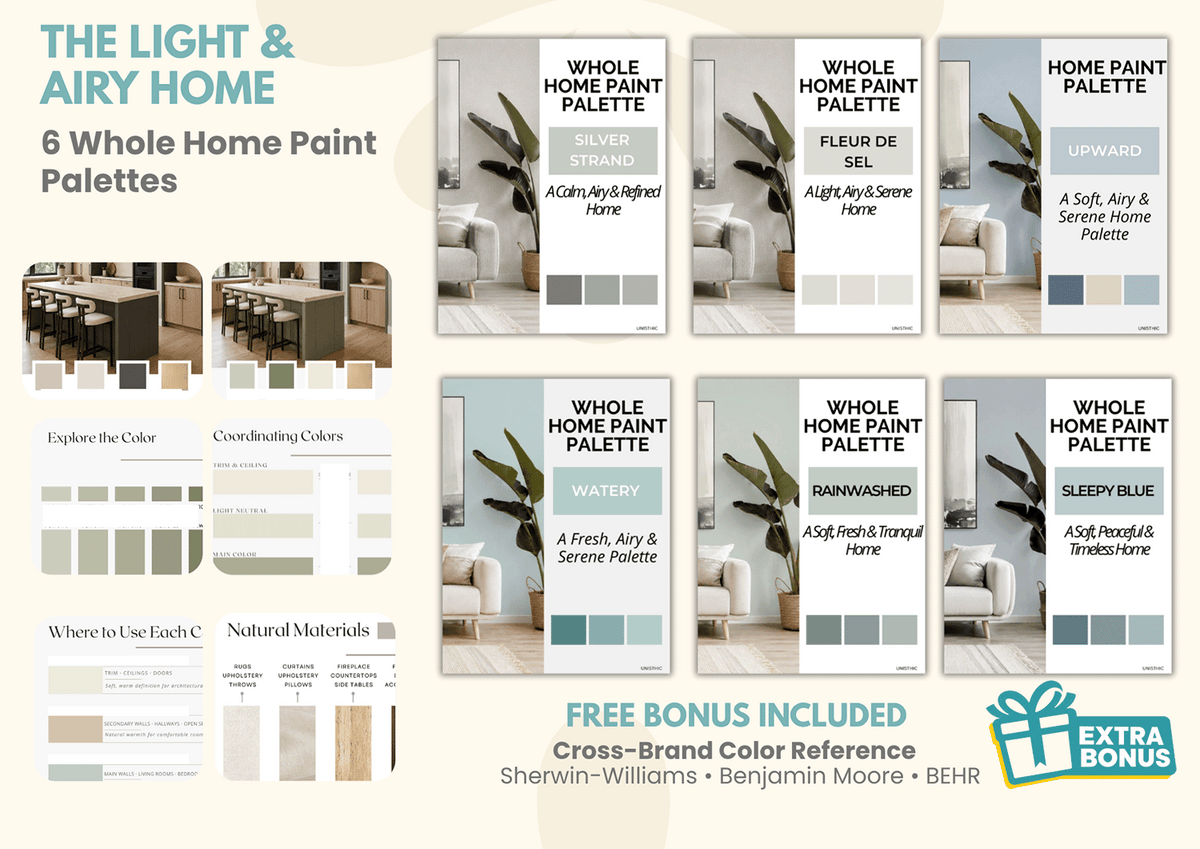light whole-home paint color palette and interior design guide with coordinating colors and natural finishes, featuring American paint color inspiration from Sherwin-Williams, Benjamin Moore and BEHR.