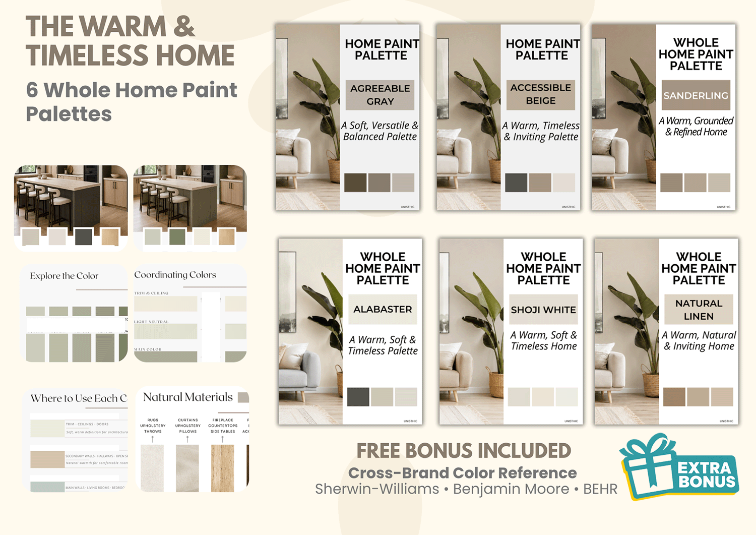 Warm whole-home paint color palette and interior design guide with coordinating colors and natural finishes, featuring American paint color inspiration from Sherwin-Williams, Benjamin Moore and BEHR.