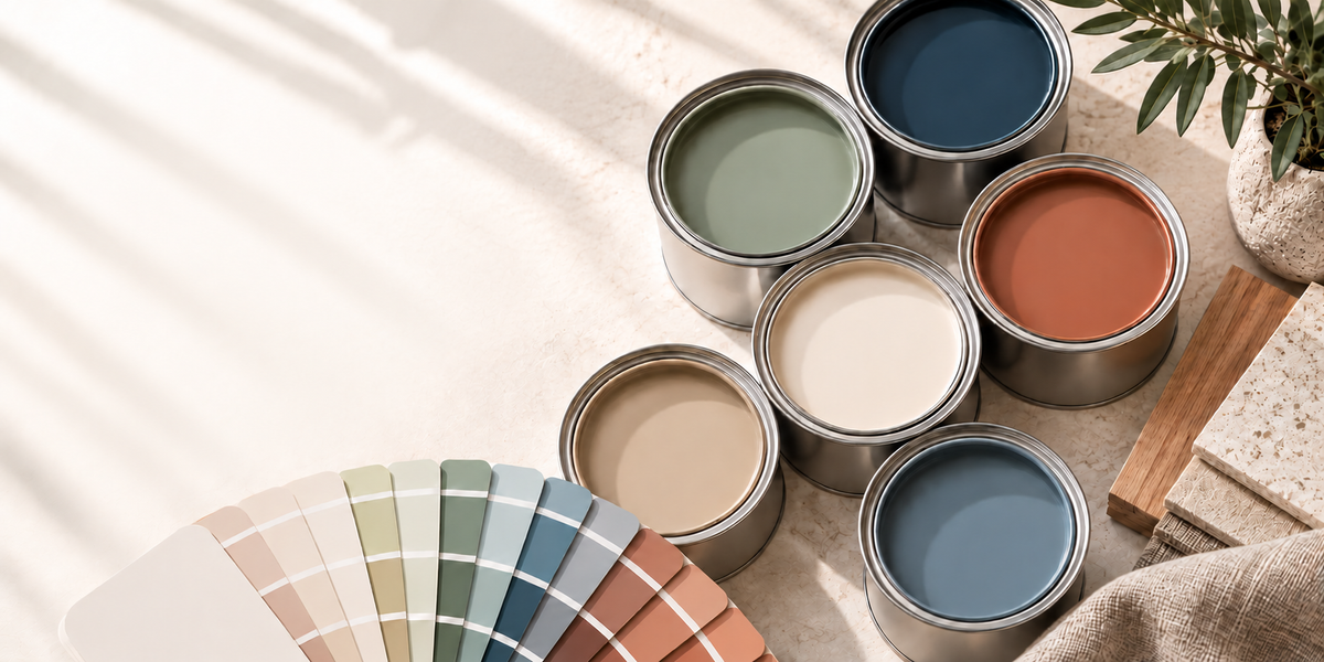 An assortment of open paint cans and a paint color swatch fan arranged on a light beige surface with soft window shadows. The cans show muted neutral and earthy colors including blue, green, beige, cream, terracotta, and gray-blue, with a small plant and textured blocks in the background.