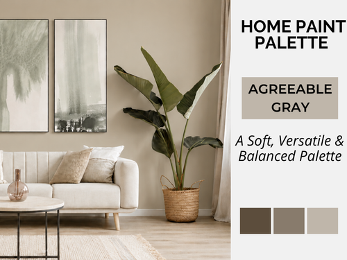 A styled living room interior with a beige wall, white sofa, potted plant, and text panel reading 'HOME PAINT PALETTE' and 'AGREABLE GRAY' with swatches, indicating a home paint palette product.