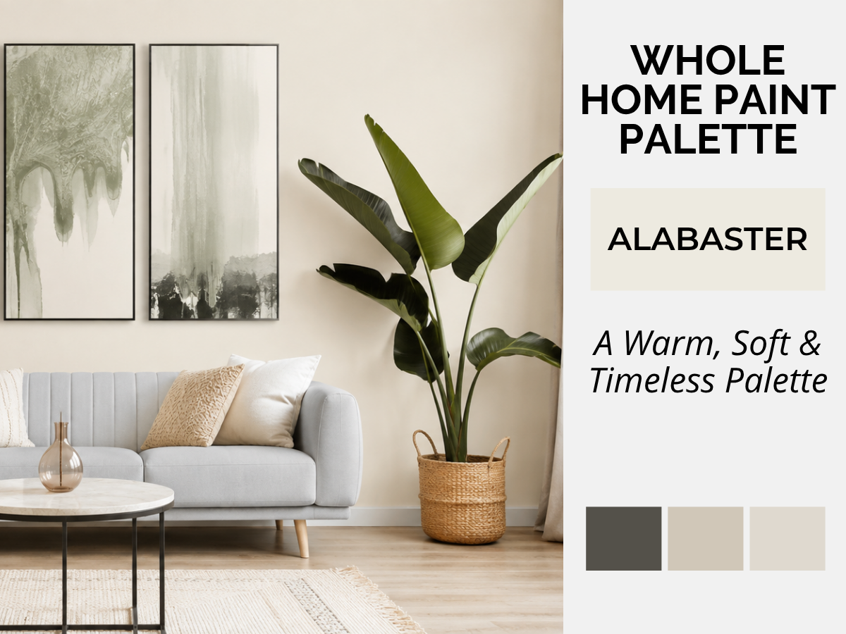 A styled living room scene with a light gray sofa, beige pillows, wall art, a large potted plant, and a side table, alongside text reading 'WHOLE HOME PAINT PALETTE' and 'ALABASTER' with three neutral color swatches on the right.