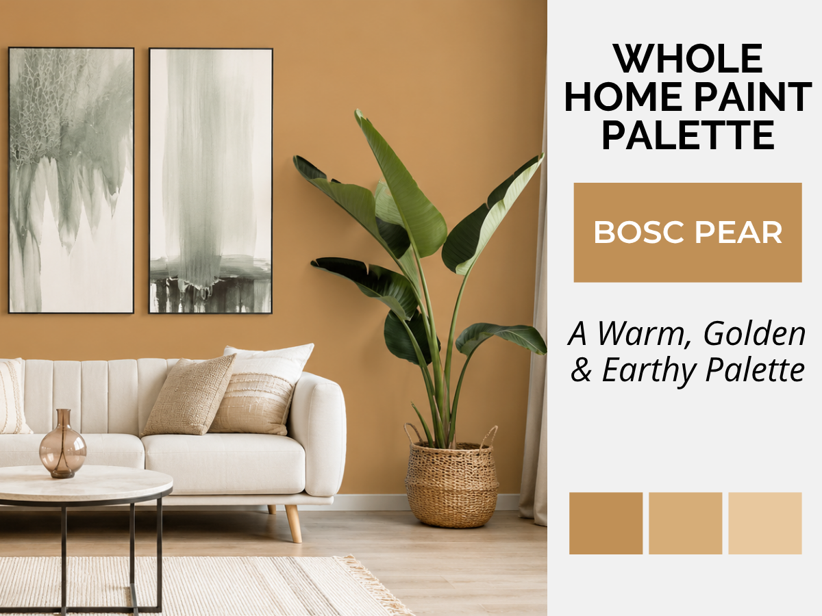 Bosc Pear whole-home paint color palette and interior design guide with coordinating colors and natural finishes, featuring American paint color inspiration from Sherwin-Williams, Benjamin Moore and BEHR.