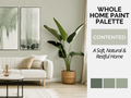 A styled living room interior with a white sofa, wall art, a large potted plant, and a side table, alongside text reading 'WHOLE HOME PAINT PALETTE' and 'CONTENTED A Soft, Natural & Restful Home,' plus three sage green color swatches on the right.
