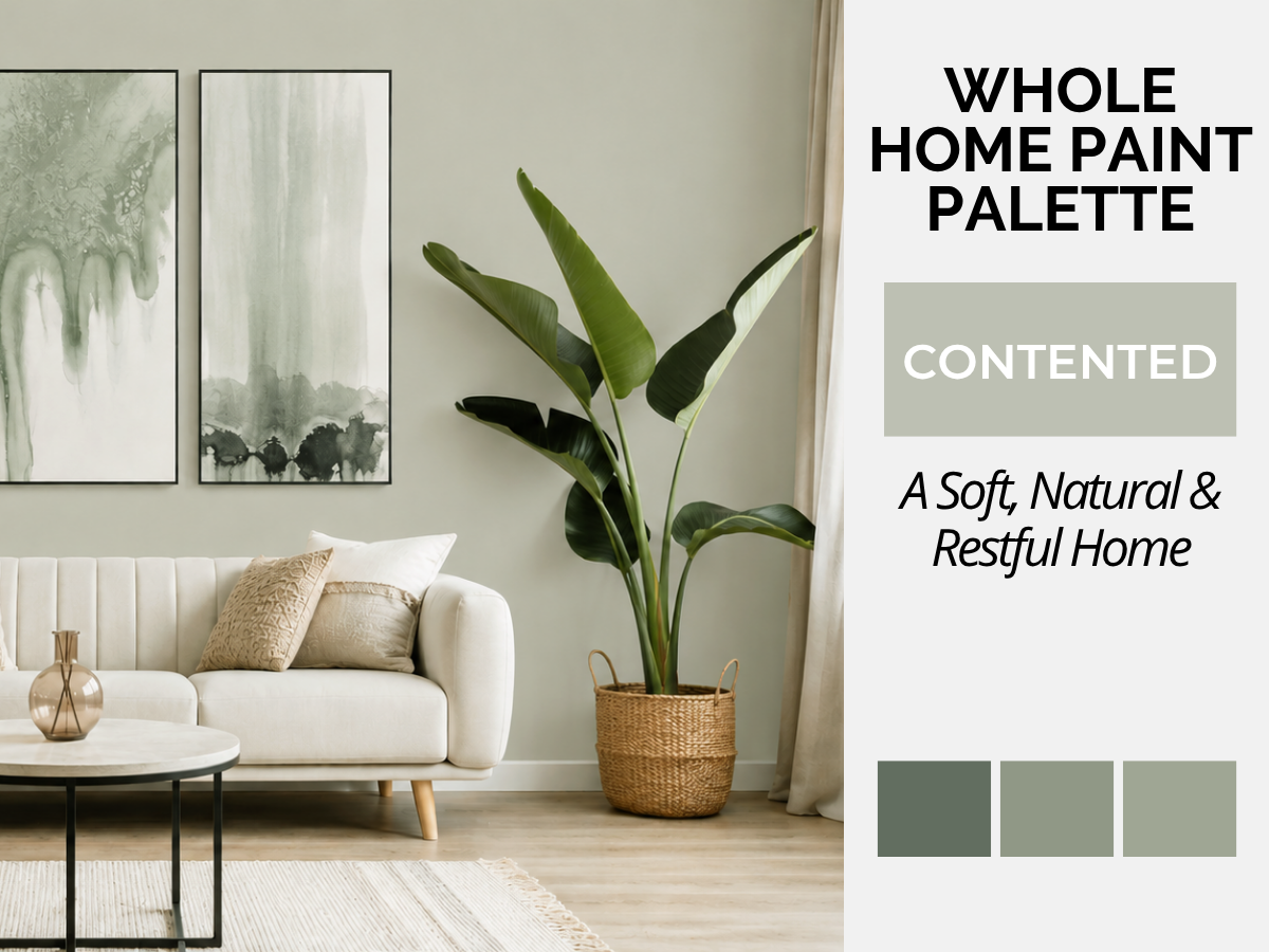 A styled living room interior with a white sofa, wall art, a large potted plant, and a side table, alongside text reading 'WHOLE HOME PAINT PALETTE' and 'CONTENTED A Soft, Natural & Restful Home,' plus three sage green color swatches on the right.