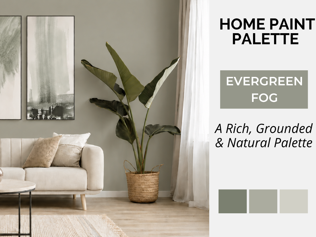 A styled interior room scene with a sofa, wall art, potted plant, curtains, and a text panel reading 'HOME PAINT PALETTE' and 'EVERGREEN FOG' with three paint swatches. This is not a clean isolated product shot; it shows the color palette within a real room environment, so subject_type is Lifestyle.