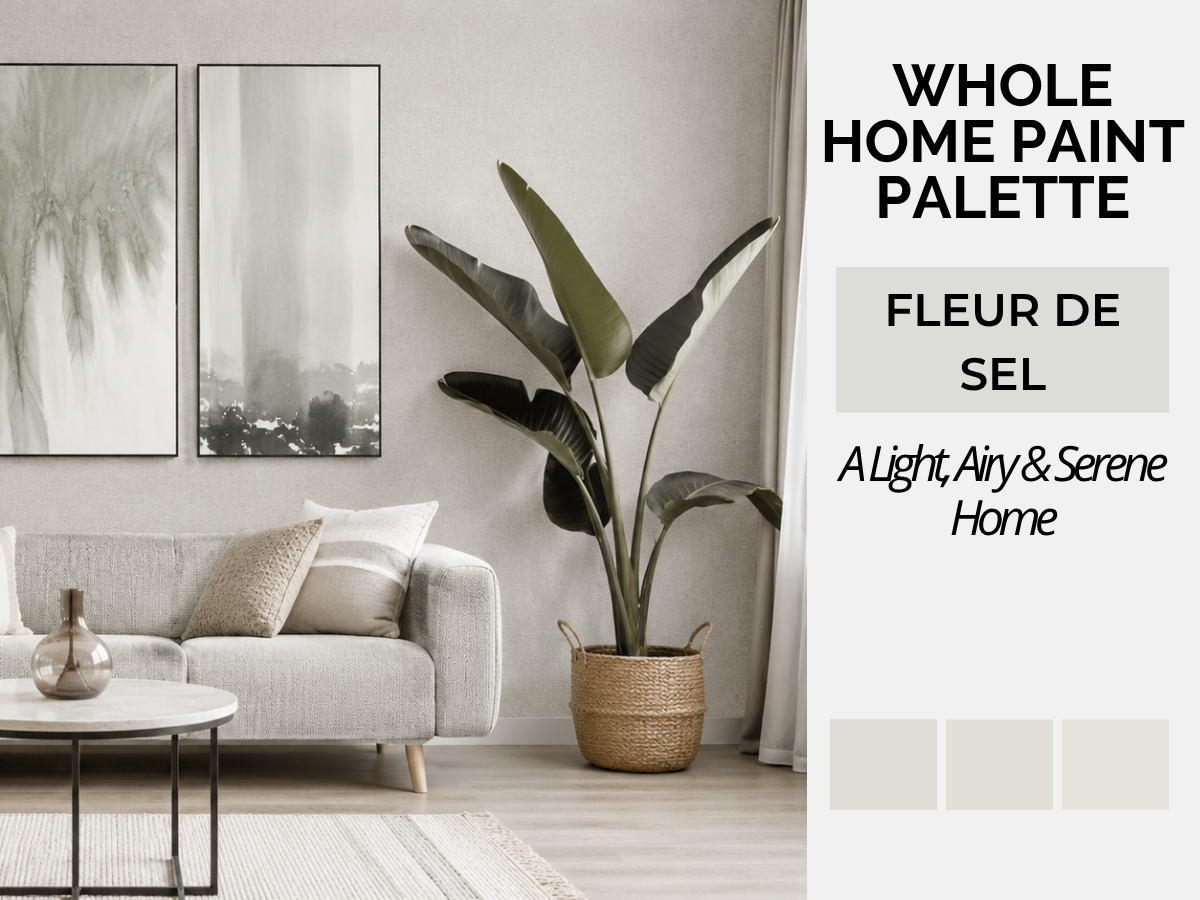 A styled living room interior with a light gray sofa, black-framed wall art, a large potted bird of paradise plant in a woven basket, and a white text panel on the right reading 'WHOLE HOME PAINT PALETTE' and 'FLEUR DE SEL / A Light, Airy & Serene Home,' with three soft neutral swatches below.