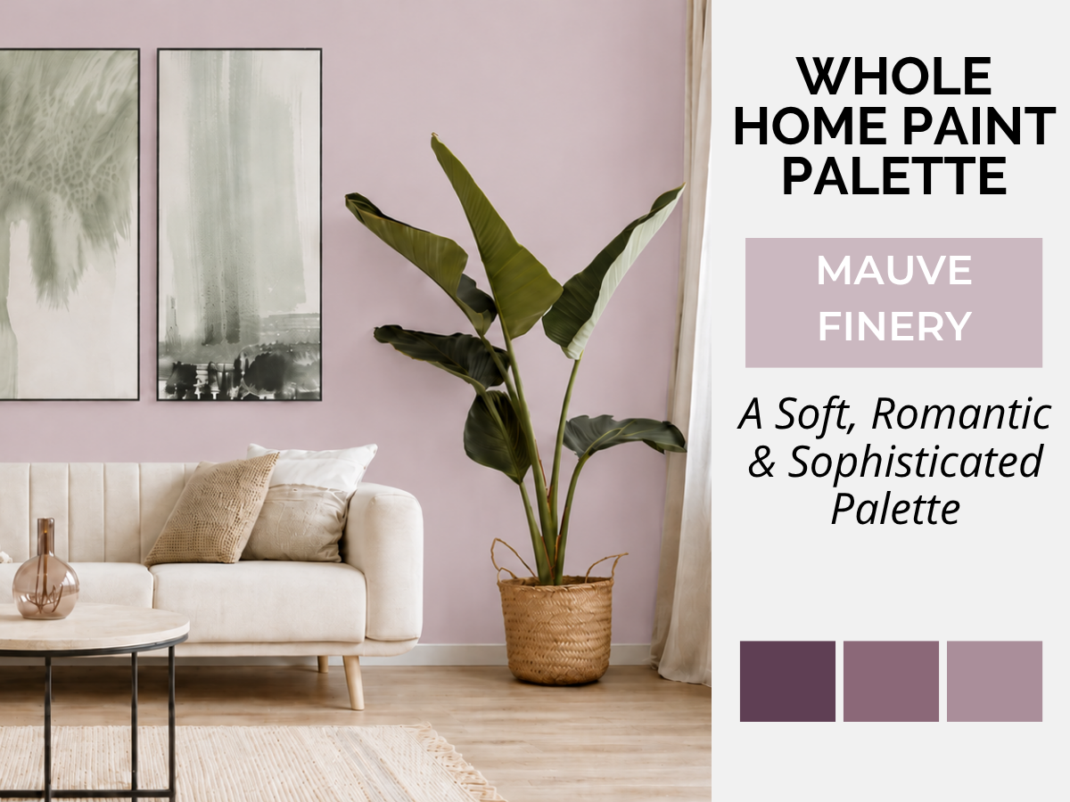 Mauve Finery whole-home paint color palette and interior design guide with coordinating colors and natural finishes, featuring American paint color inspiration from Sherwin-Williams, Benjamin Moore and BEHR.