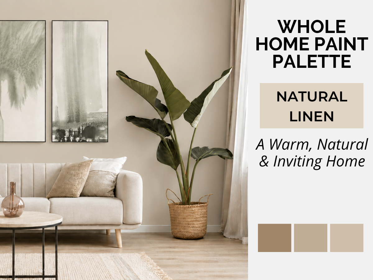 A styled living room scene with a sofa, wall art, potted plant, and text panel reading 'WHOLE HOME PAINT PALETTE' and 'NATURAL LINEN,' plus three beige color swatches. This is not a clean isolated product shot; it shows the color palette in a real interior environment, so Lifestyle fits better than Product/Packaging.