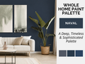 Naval whole-home paint color palette and interior design guide with coordinating colors and natural finishes, featuring American paint color inspiration from Sherwin-Williams, Benjamin Moore and BEHR.