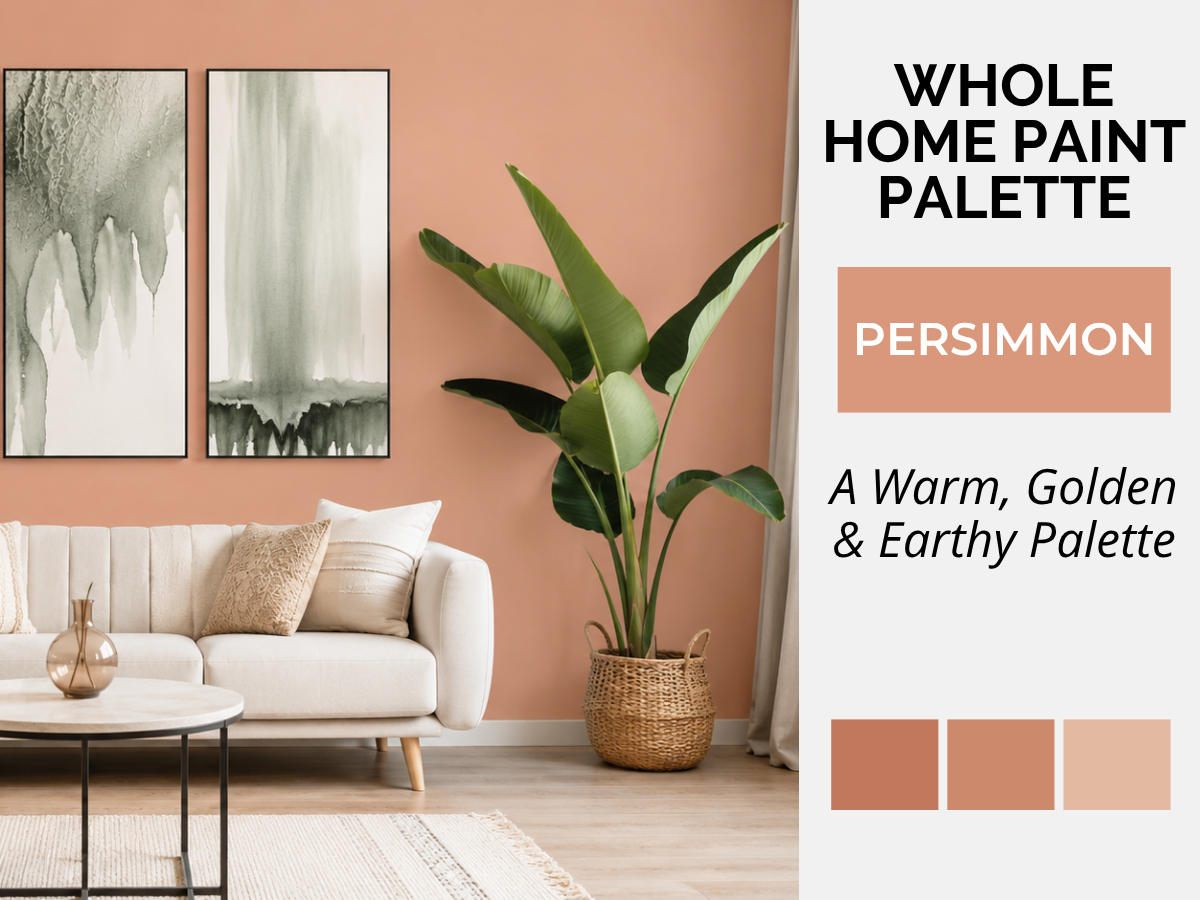 Persimmon whole-home paint color palette and interior design guide with coordinating colors and natural finishes, featuring American paint color inspiration from Sherwin-Williams, Benjamin Moore and BEHR.