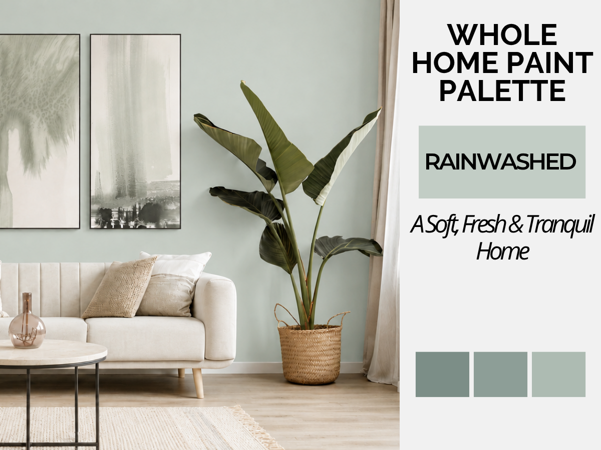 A styled living room interior with a pale sage green wall, white sofa, framed wall art, a potted plant, and a text panel reading 'WHOLE HOME PAINT PALETTE' and 'RAINWASHED A Soft, Fresh & Tranquil Home,' with three matching swatches at the bottom.