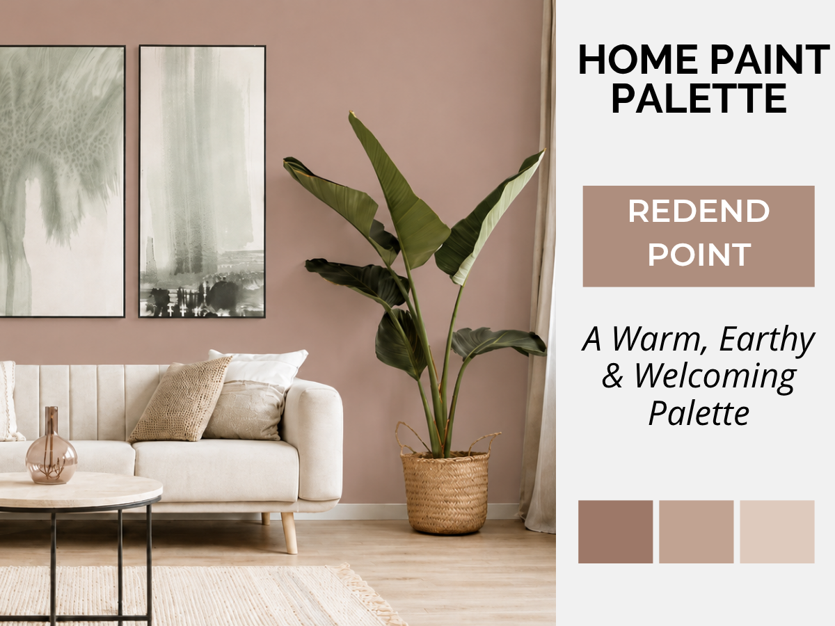 Redend Point whole-home paint color palette and interior design guide with coordinating colors and natural finishes, featuring American paint color inspiration from Sherwin-Williams, Benjamin Moore and BEHR.