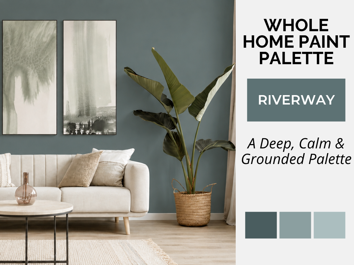 Riverway whole-home paint color palette and interior design guide with coordinating colors and natural finishes, featuring American paint color inspiration from Sherwin-Williams, Benjamin Moore and BEHR.