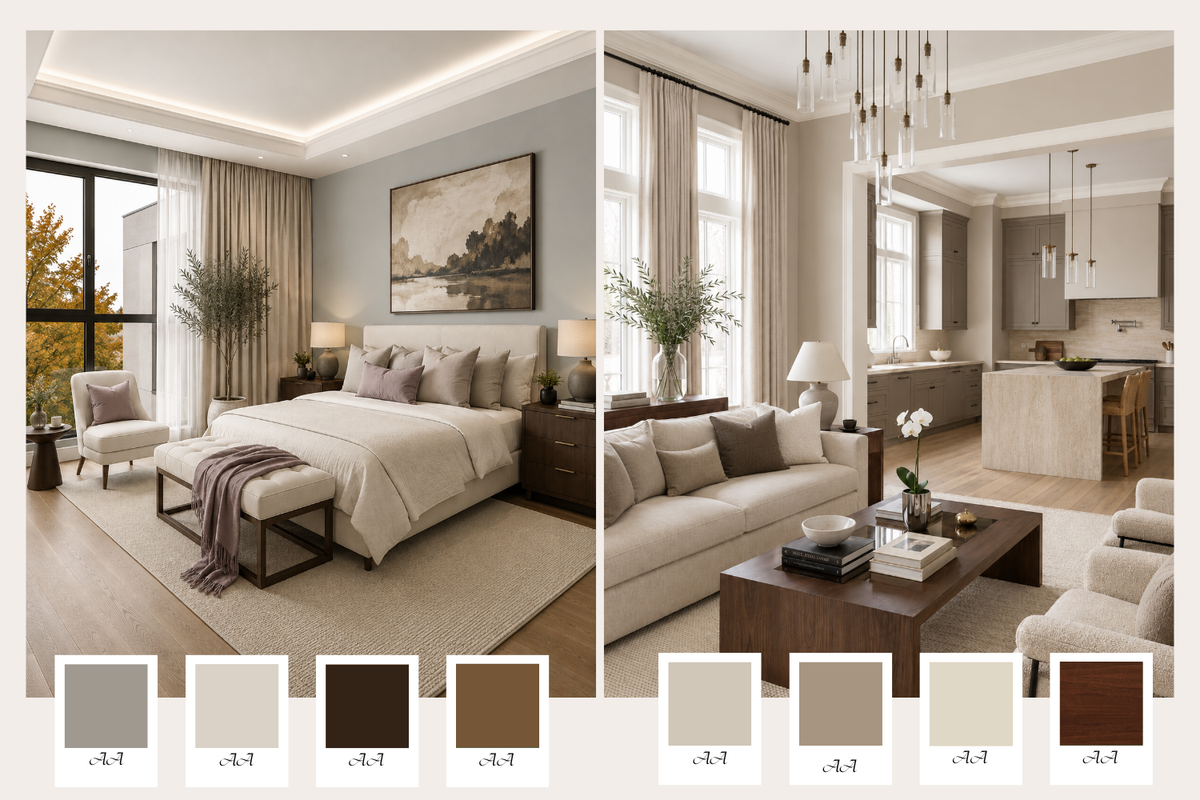 A split-screen interior design showcase showing a styled bedroom on the left and a modern living room/open kitchen on the right, both in warm neutral beige and cream tones. Below the scenes are six color chips labeled A4-A1 to A2-A1, likely representing the palette used in the design.