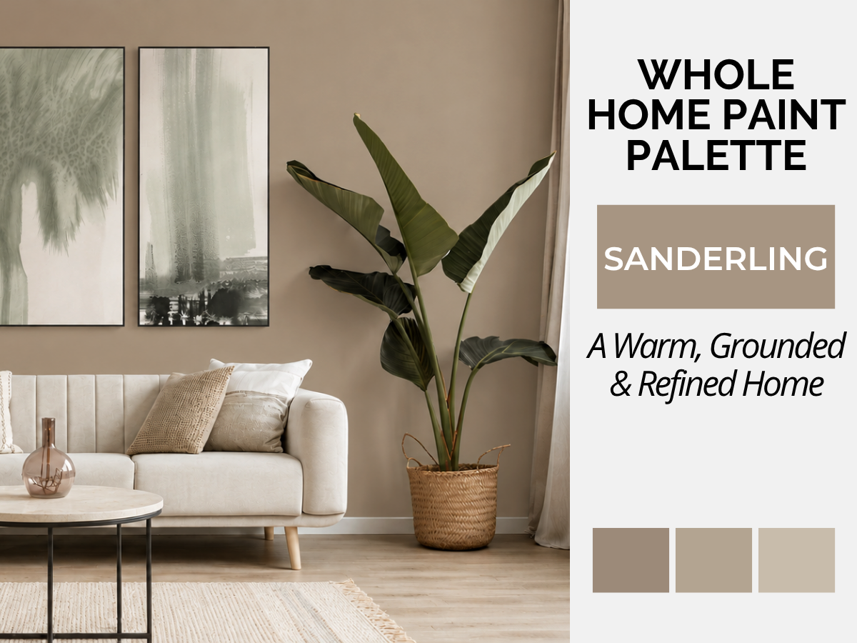 A styled interior scene showing a beige sofa, wall art, a potted plant, and a coffee table in a warm neutral room, alongside text reading 'WHOLE HOME PAINT PALETTE' and 'SANDERLING' with three beige color swatches on the right.