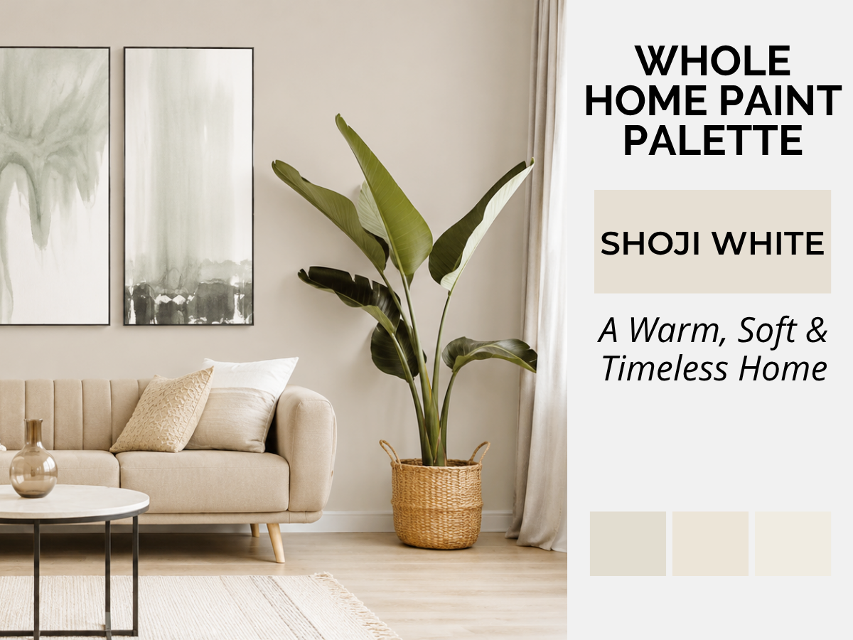A styled living room interior with a beige sofa, framed wall art, a large potted plant in a woven basket, and a white text panel reading 'WHOLE HOME PAINT PALETTE' and 'SHOJI WHITE A Warm, Soft & Timeless Home,' with three small swatches at the bottom.