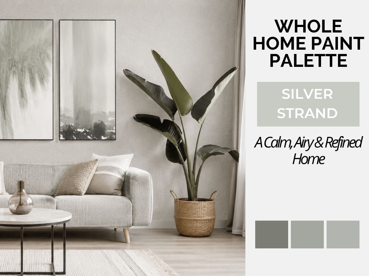 A styled interior room scene with a sofa, wall art, potted plant, and a large text panel reading 'WHOLE HOME PAINT PALETTE' and 'SILVER STRAND A Calm, Airy & Refined Home,' plus three paint swatches. This is not a clean isolated product shot and not a person-centered lifestyle image; it functions as a color/palette preview for the home decor product, so Color Swatch is the best fit.