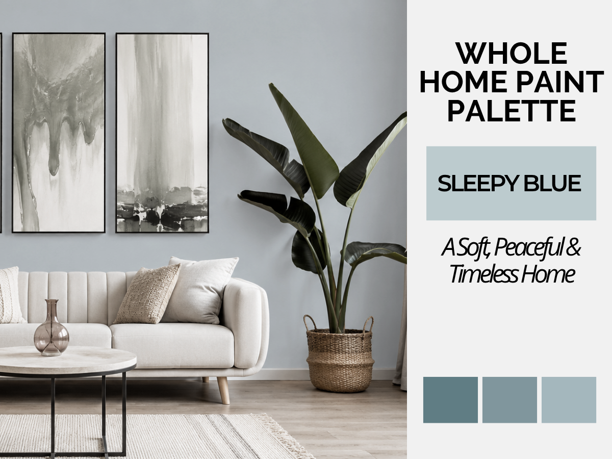 A styled interior room scene with a white sofa, wall art, a large potted plant, and a coffee table, alongside text reading 'WHOLE HOME PAINT PALETTE' and 'SLEEPY BLUE' with three blue swatches. This is not a clean isolated product shot and not a pure color tile, so the best fit is Lifestyle because a real home environment is present.
