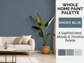 Smoky Blue whole-home paint color palette and interior design guide with coordinating colors and natural finishes, featuring American paint color inspiration from Sherwin-Williams, Benjamin Moore and BEHR.