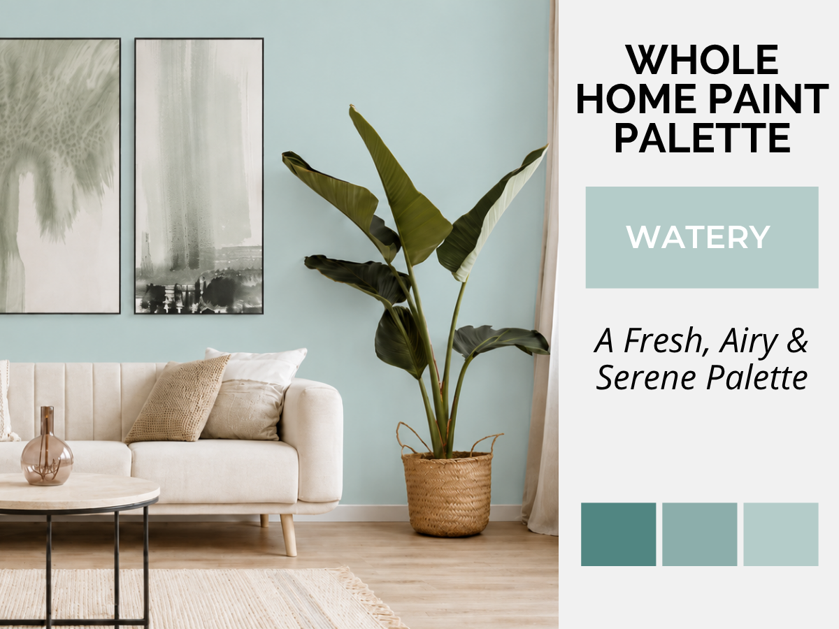 A styled interior scene with a light blue wall, white sofa, black-framed wall art, a large potted plant, and a text panel reading 'WHOLE HOME PAINT PALETTE' and 'WATERY' with three paint swatches. This is not a clean isolated product shot and not a person-centered lifestyle image; it functions as a color/palette presentation for home decor, so Color Swatch is the best fit.