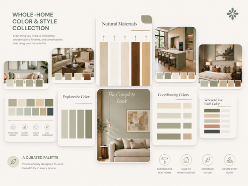 A digital brochure-style layout for a whole-home color and style collection, featuring interior design photos, color swatches, material samples, and coordination charts on a warm off-white background.